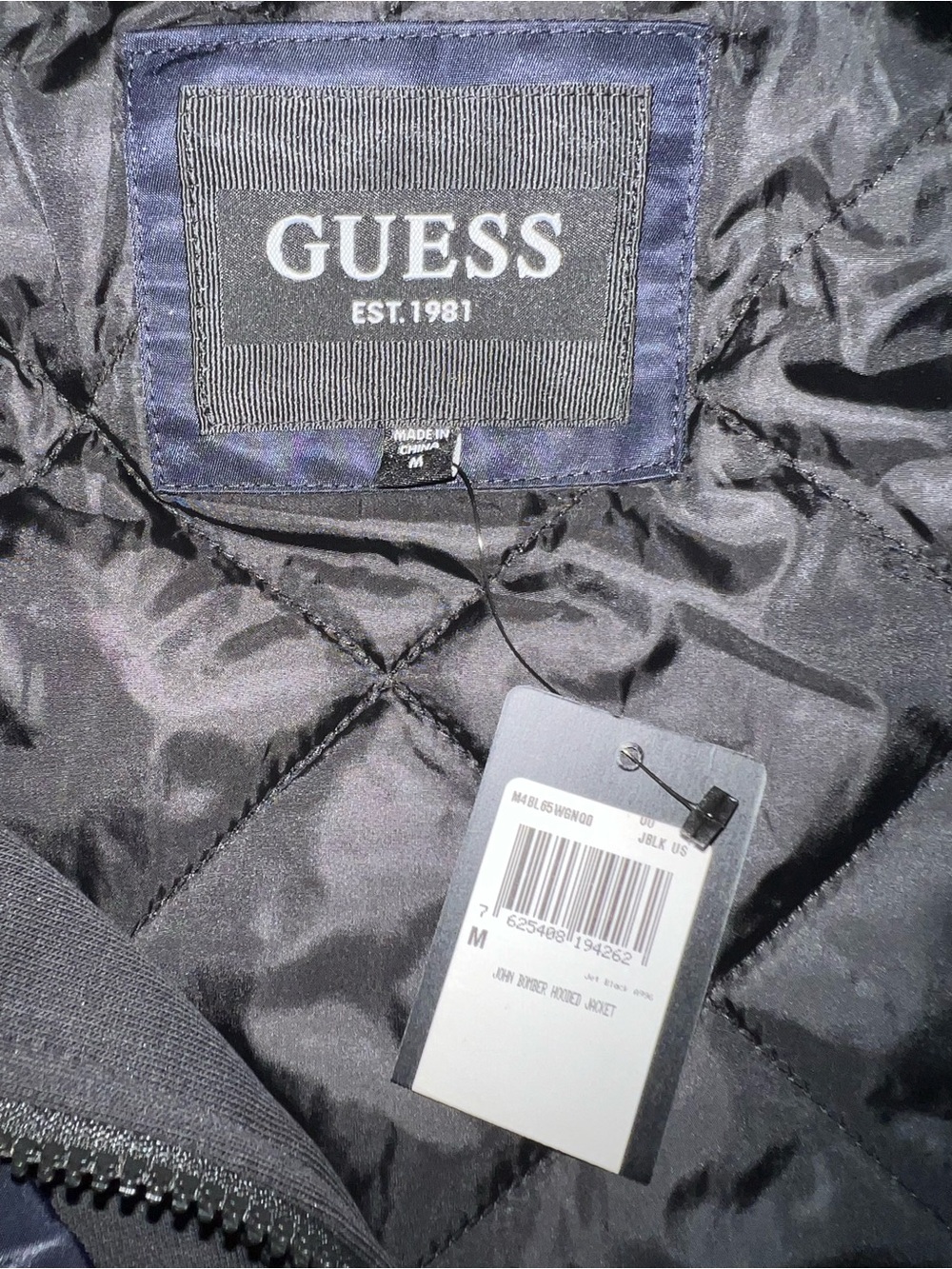 GUESS Men’s Hooded Bomber Jacket Jet Black Size Medium NWT Flaw - Picture 6 of 12
